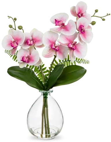 Hollyone Orchidées artificielles roses avec vase en verre transparent, fleurs artificielles dans un vase avec fleurs au toucher réel, fausses orchidées fleurs artificielles Phalaenopsis pour salon