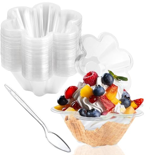 Legredic 50ct 8oz Plastic Dessert Cups with Spoons, Clear Flower shaped Ice Cream Bowls, Party Sundae Serving Bowls, Parfait Appetizer Cups for Ice Cream, Nuts, and Salad