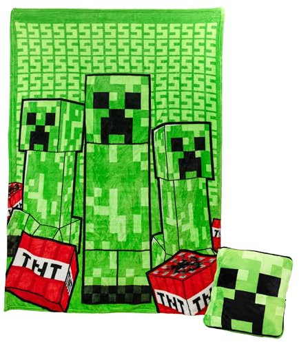 Minecraft Creeper 2-in-1 Kissendecke, offizielles Lizenzprodukt, Microsoft Reisedecke, faltbar, weich, flauschig, Überwurf, kompaktes Design für Wohnzimmer oder Schlafzimmer Dekor