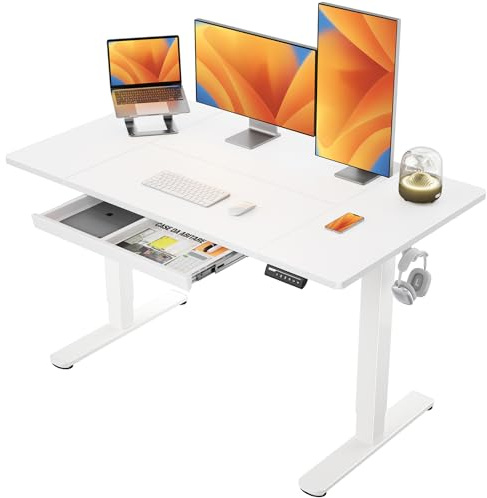 ErGear Electric Standing Desk 140 x 80 cm, Height Adjustable Desk, Sit Stand Table with Easy-Glide Drawer & 4 Memory Smart Pannal, T-Leg Design for Stability, Splice Board, White Frame & Surface