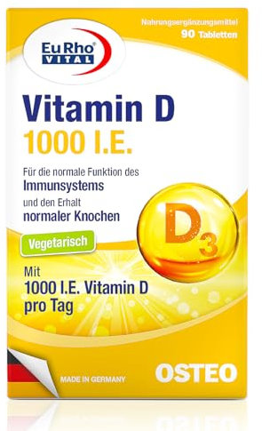 EuRho® Vital Vitamin D3 1000 I.E. Tabletten | Optimal dosiert und vegetarisch | Für Knochen, Muskeln und Immunsystem | Vorratspackung mit 90 Tabletten | Laborgeprüfte Qualität aus Deutschland