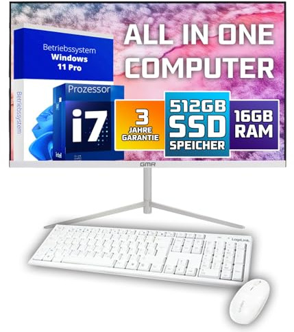 GMR All in One Desktop Computer mit i7 | 24 Zoll Display - Tastatur & Maus | 3 Jahre Garantie | 16 GB RAM | 512GB SSD | USB 3 | Windows 11 PRO | WiFi + BT