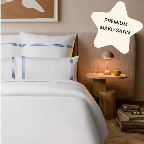 Amqua Ropa de cama de satén 155 x 220 cm, color blanco con bordado azul, incluye funda de almohada de 80 x 80 cm, ropa de cama de satén de 155 x 220 cm, como ropa de cama de seda o algodón egipcio,
