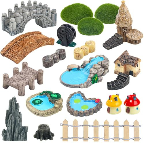 QUOZUO Lot de 21 figurines de jardin féérique accessoires pont maison paysage puits d'eau clôture, étang, champignon, pelouse, décoration de jardin pour loisirs créatifs, jardin succulent