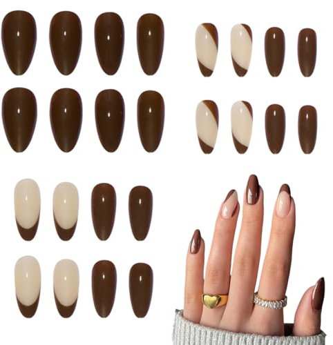 YAPKOLV 24 Unghie Finte in Acrilico con Design Francese, Unghie Artificiali Corte con Colla per Donne e Ragazze (Verde Scuro, Swirl Bianco, Corte)