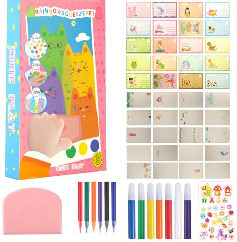 BOXOB 35pcs Ensemble d’Art à Gratter Arc-en-Ciel pour Enfants, Kit Papier à Gratter Créatif Papier Peinture Points Cadeau pour Garçons Filles Carte Postale DIY Projets d’Art Cadeaux Fête Activités