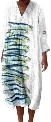 Vestido de verano para mujer medio largo fluido algodón camisa vestidos manga larga suelta casual una línea impresa flores vestidos cuello en v redondo bohemio vestido de noche para mujer vestido