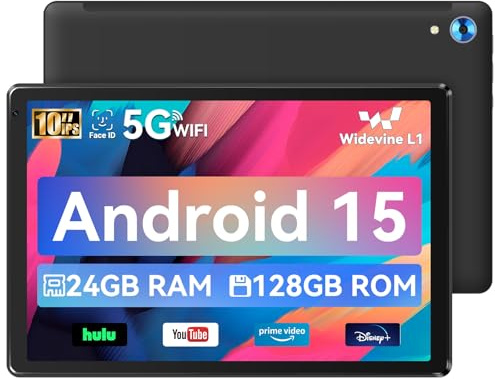 Hakaug Tablet 10 inch, Android 15 Tablet with Octa-Core, 24GB+128GB+1TB Expansion, Face ID, 5MP+8MP, Support Split-Screen, 1280x800 IPS, 5000mAh, 5G/2.4G WiFi 6, BT 5.3, Widevine L1(Black)