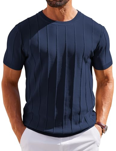 COOFANDY Tee Shirt Homme col Rond T-Shirt Tricoté à Manches Courtes Pull D'été à Rayures T Shirt Décontracté Shirt