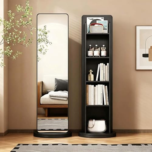 Libreria Girevole a 360° con Specchio, Specchi a Figura Intera con Scaffale di Stoccaggio a 5 Livelli, Ripiani Aperto, Mobili Moderno per Soggiorno, Camera da Letto, Studio