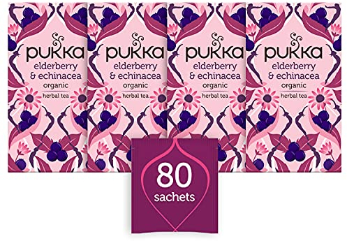 Pukka Herbs | Elderberry and Echinacea Organic Herbal Tea Box | Infusion With Aniseed and Ginger | Perfect For Everyday Support | Caffeine Free | 4 Packs | 80 Plant Based Biodegradable Tea Bags