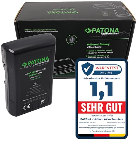 Patona V-Mount Akku, Lithium Ionen Akku 95 Wh / 14,4 V / 6600 mAh, Kameraakku mit D-Tap und USB-Ausgang, Überhitzungs- und Überladungsschutz, Li-Ion Ersatzakku für Kameras, Camcorder, Filmkamera