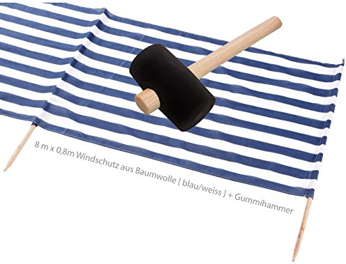 Idena Beach Wind Screen/Windschutz 8 Meter x 80 cm [ blau/weiss ] Holz/Baumwolle + Gummihammer Strandurlaubs-Set