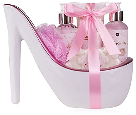 accentra - Presentset Dam Sammet Lyxvit - Lyxigt skönhetsset med duschgel, bubbelbad, kroppslotion, tvål & nätsvamp - 6-delat hälsoset för kvinnor med vit minikeramisk pump