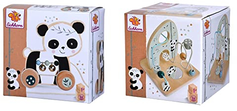 Eichhorn - Nachziehtier, Panda mit Geräuschen und Bewegung, 15 cm lang, aus Birkenholz& Motorikschleife zur Förderung der motorischen Fähigkeiten, 2 Schleifen, mit Spiegelfläche, 14x14x14 cm