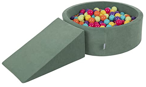 KiddyMoon Area di Gioco in Schiuma con Tondo Piscina di Palline per Bambini Piscina (200 Palline) + Cuneo, Verde del Bosco: Verde Chiaro/Giallo/Turchese/Arancione/Rosa Scuro/Viola