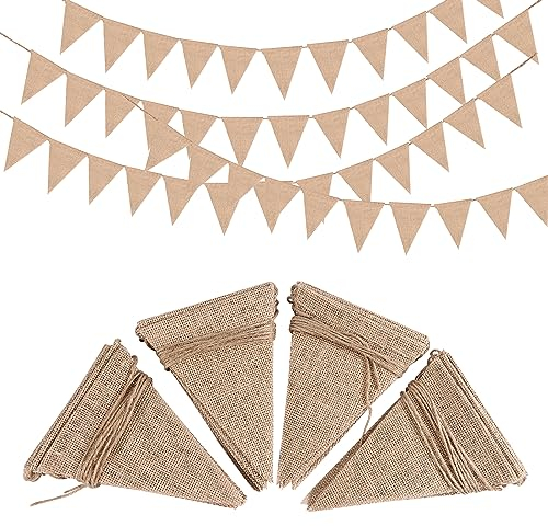 14M Wimpelkette Jute 52 Stück Wimpel Leinen Girlande Hochzeit Vintage Leinen Dreiecksflaggen für Hochzeitsdekoration, Partydekoration, Taufe