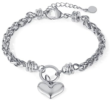 OSTAN Bracelet en acier inoxydable avec pendentif en forme de cœur pour femme, 17 + 4 cm, Acier inoxydable