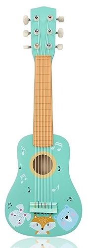 Kindergitarre aus Holz, Gitarre für Kinder ab 3 Jahre, 53x17x6 cm, 6-saitige Spielzeuggitarre, Nylonsaiten - mit Waldtieren und Noten verziert - bemaltes Holz - Musikinstrumente für Kinder