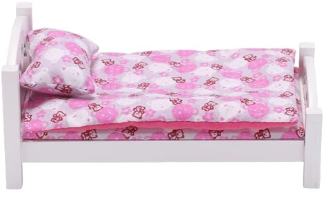 1/6 Scale Wooden Dollhouse Bed and Bedding Set, fits 12 inch Dolls, White Frame, Mini Toy Furniture, Realistic Bedroom Accessories