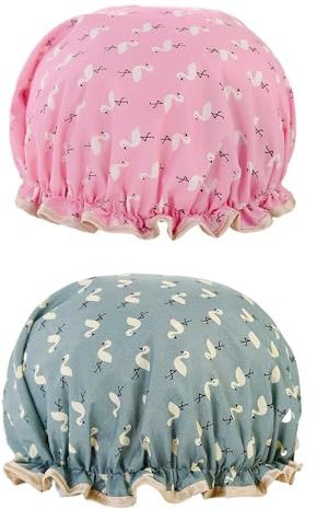2 cappe da doccia impermeabili, elastiche, doppio strato con volant, cappe da doccia riutilizzabili, unisex, adatte per bagno, spa (rosa, blu)