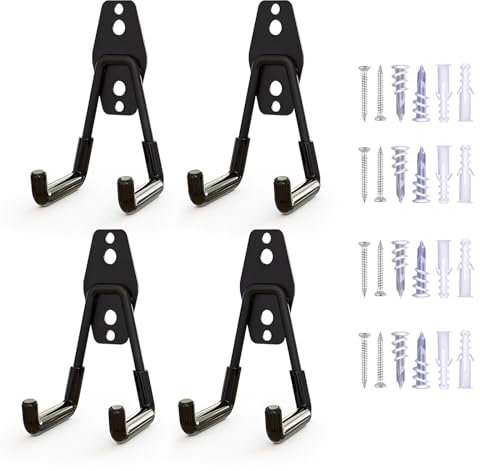 4pcs Utilitaire de Rangement Mural Double Crochet en Acier Lourd pour Garage - Organiser Outils Électriques, Échelle, Pelle, Balai