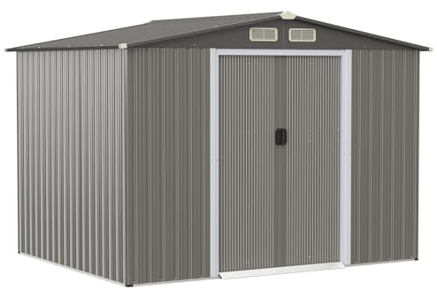 GOPLUS 260 × 207 × 180 cm Gerätehaus mit Fundament, 9,7m³ Geräteschuppen mit Schiebetüren, Lüftungsfenster & Satteldach, Gartenhaus Metall für Garten & Terrasse (Dunkelgrau)