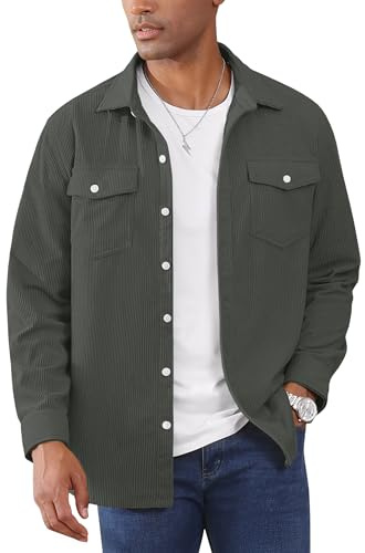 EKLENTSON Chemise Western Homme Velours Côtelé Manches Longues Loisirs Travail Léger Gris Foncé, L