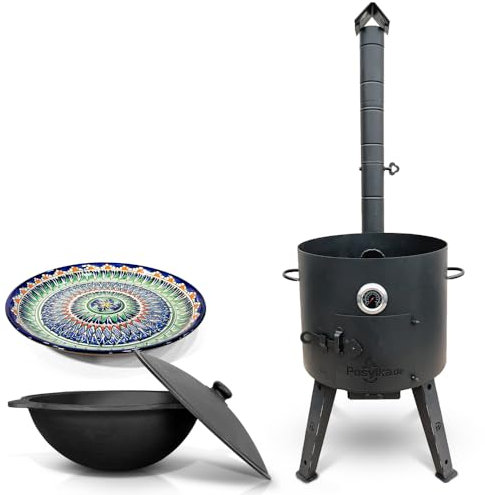 ZARENHOFF Horno de fuego Utschak Ø 44 cm con termómetro de hierro fundido Kazan 16 L Ø 46,5 cm fondo redondo Lagan Ø 37 cm Учак Учаг Uchag Asia (Set 1)