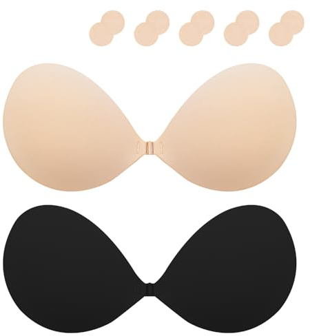 Lnmyic Osynlig BH självhäftande kupor klistermärken bröst push up återanvändbar silikondekal push up osynlig klibbig andningsbar axelbandslös bh med bröstvårtsskydd, beige + svart, F