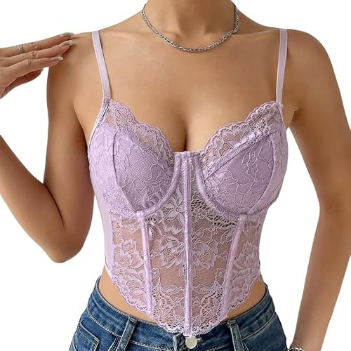 Haibang Vest Tops Women UK Sexy Lace Corset Tops V Neck Crop Tops Spaghetti Strappy Cami Tops Backless Slim Fit Camisole Bralettes Mesh Bustier Sleeveless Tank Tops Going Out Party Clubwear Purple