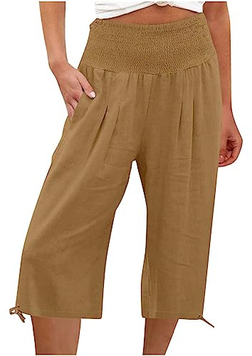Pantaloni Donna Estivi Cotone E Lino Larghi Comodi Pinocchietti Elegante Leggeri 3/4 Cropped Bermuda con Tasca Vita Alta Capri Casual Sportivi Tuta Pantalone Estivo Jogger Pants