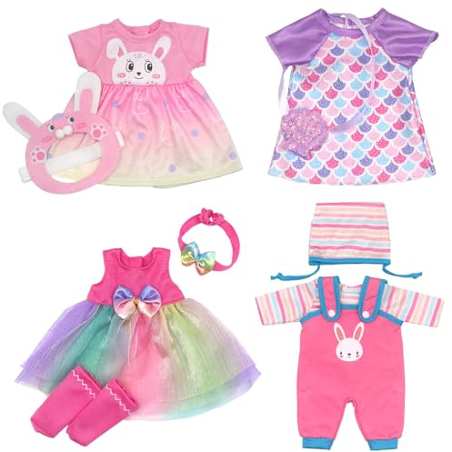 Doll Clothes Dress for 10-14 Inch 30-36cm Baby Dolls, 4-pack Soft Outfits with Socks (Not Include Doll)