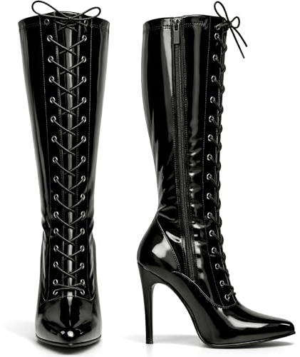 Golden Beads Women ladies boots Knee high Stiletto heel front lace-up with side zip pointed toe, ladies faux leather boots (Black, UK Footwear Size System, Adult, Women, Numeric, Medium, 6)