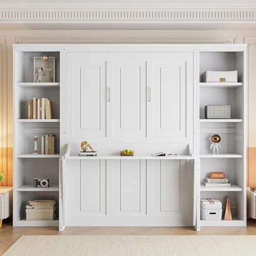 Full Murphy Bed with Desk and Storage Shelves, Wood Murphy Wall Bed Cabinet with with Storage Cabinet Vertical Units