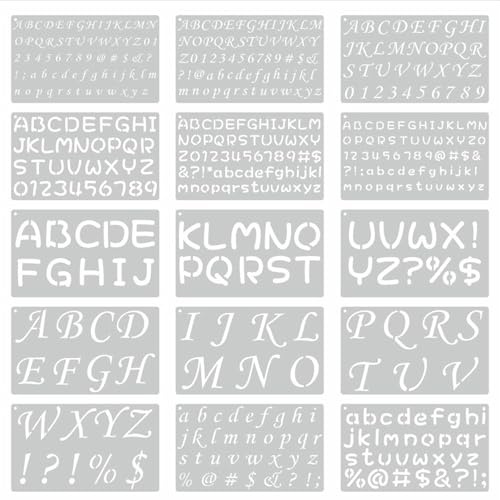 15 PCS Letter Alphabet Stencils Reusable Plastic Stencil Templates with Letters, Numbers and Symbols for Painting, Calligraphy, DIY Crafts, Scrapbooks, Wall Decoration, Fabric, Wood, Ceramic and Art