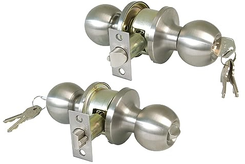 Amig - Pomo Puerta Entrada - Con Picaporte de Entrada 60/70 mm - Pomo de Bola en Ambos Lados - Con Cerradura y Condena - Sistema Antitarjeta - Para Puertas de Madera - Acero Inoxidable Mate