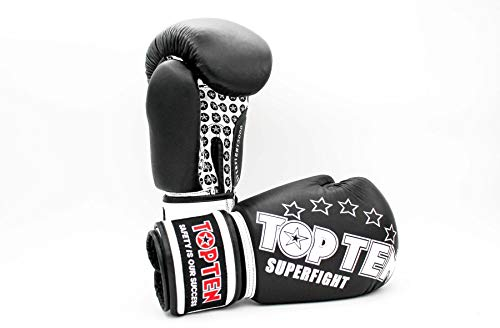TOP Ten Boxhandschuhe SUPERFIGHT 3000 10 12 14 16 Oz - Kickboxen Boxen Leder schwarz/weiß 10 Oz