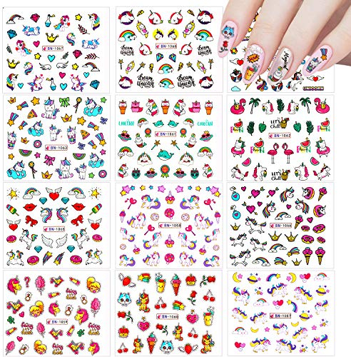12 Hojas Unicornio Pegatinas de Uñas, Nail Art Stickers Calcomanías, VETPW Vistoso Pegatinas Transferencia Agua Calcomanías Uñas Etiquetas Engomadas para Decoración de Uñas Bricolaje