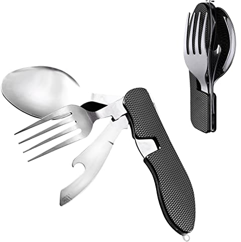 EACHPT Couverts de Camping Couverts Pliants En Acier Inoxydable 4 En 1, Combinaison De Couverts Portables Et dOuvre-Cuillère pour la randonnée en plein air Pique-nique Voyage