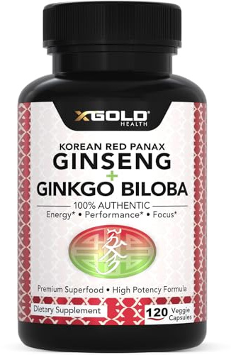 X Gold Health Korean Red Panax Ginseng + Ginkgo Biloba 7% Ginsenosides Extra Strength Energy, Memory, Focus & Brain Support Premium Supplement for Men & Women Non-GMO, 120 Vegan Capsules