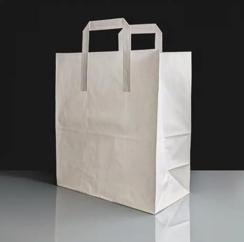 HOT BARGAINS 50 X Paper Bags With Handles White Large Size SOS Takeaway Food Carriers - ECO Friendly, Recyclable, Height: 30 cm x Width: 14 cm x Length: 26 cm (PACK OF 50)