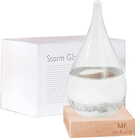 MrMrKura Transparent Storm Glass Weather Forecast Bottle High Class Drop Shaped Decoration with Wood Base Christmas Decoration for Home and Office Desktop Christmas Gift, Small