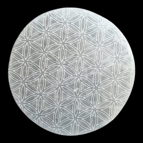 ALCHIMIA- Pietra selenite cristalloterapia reiki meditazione chakra provenienza Marocco (Griglia energetica rotonda di selenite naturale con fiore della vita)
