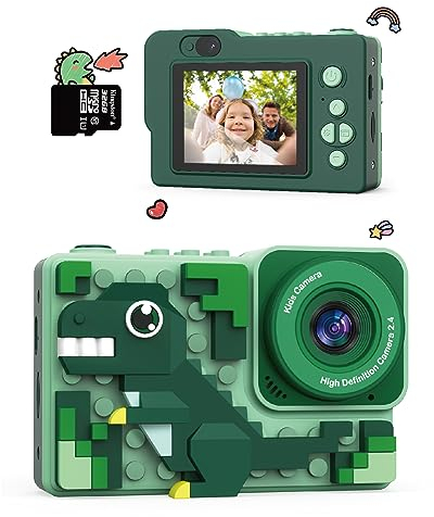Kizeefun Kids Camera, Cartoon Dinosaurs New Building Block Kids Cameras Christmas Birthday Present for Boys Girls Age 6 7 8 9 10 11 12 Years Old, 32GB SD Card Included