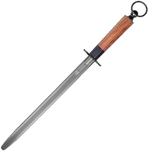 MITSUMOTO SAKARI 12 inch Honing Steel Rod - Flat Knife Sharpening Rod, Diamond-Coated High Carbon Steel with Rosewood Handle for Kitchen & Chef Knives