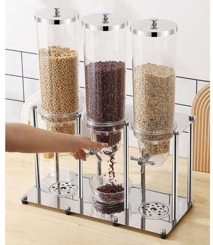 Dispensador de alimentos secos de acero inoxidable, contenedor de triple control para cereales, frutos secos, dulces, aperitivos, 10.5 L, autoservicio y recargable, opción conveniente y duradera
