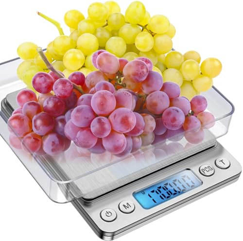 Bilancia da cucina, max 2 kg, funzione tara, alta precisione, 0,1 g, con display LCD, 2 ciotole, in acciaio inox 24210