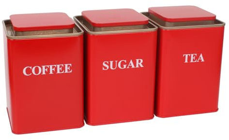 Hylruu Tea Coffee Sugar Canisters, 3 Piece of Metal Square Food Storage Tin, 1400ml Red Canister Set with Metal Tray, Dry Food Storage Containers for Tea Coffee & Sugar