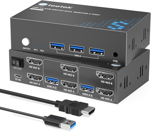 8K@60 Hz HDMI KVM-omkopplare 2 x 1, 2 datorer 1 monitor KVM-switch dela 1 tangentbordsmus, USB 3.0-omkopplare med fjärrkontroll, HDCP 2.3, EDID, dubbel bildskärmsupport för PC Mac arbetsstation